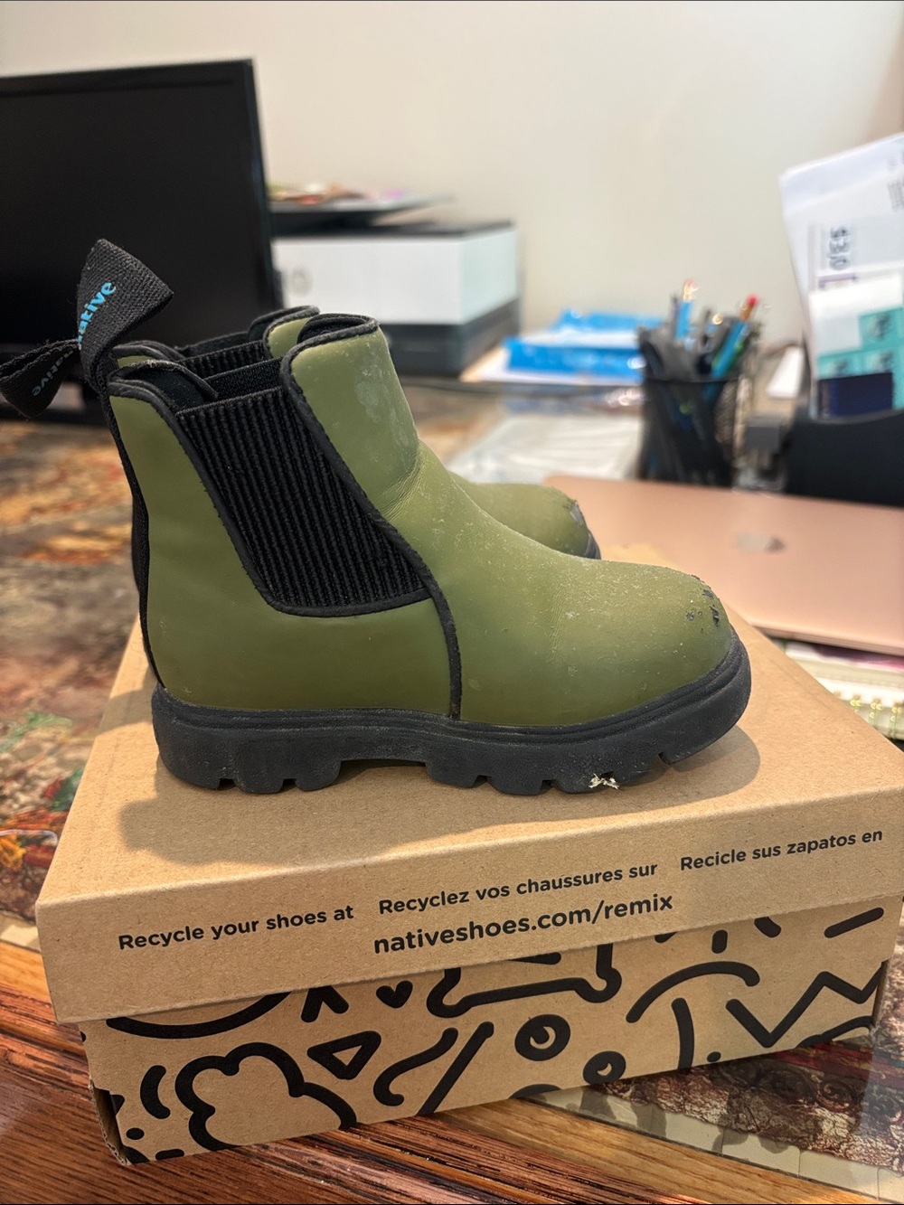 Native Olive Green Kids Chelsea Boots with Black Elastic